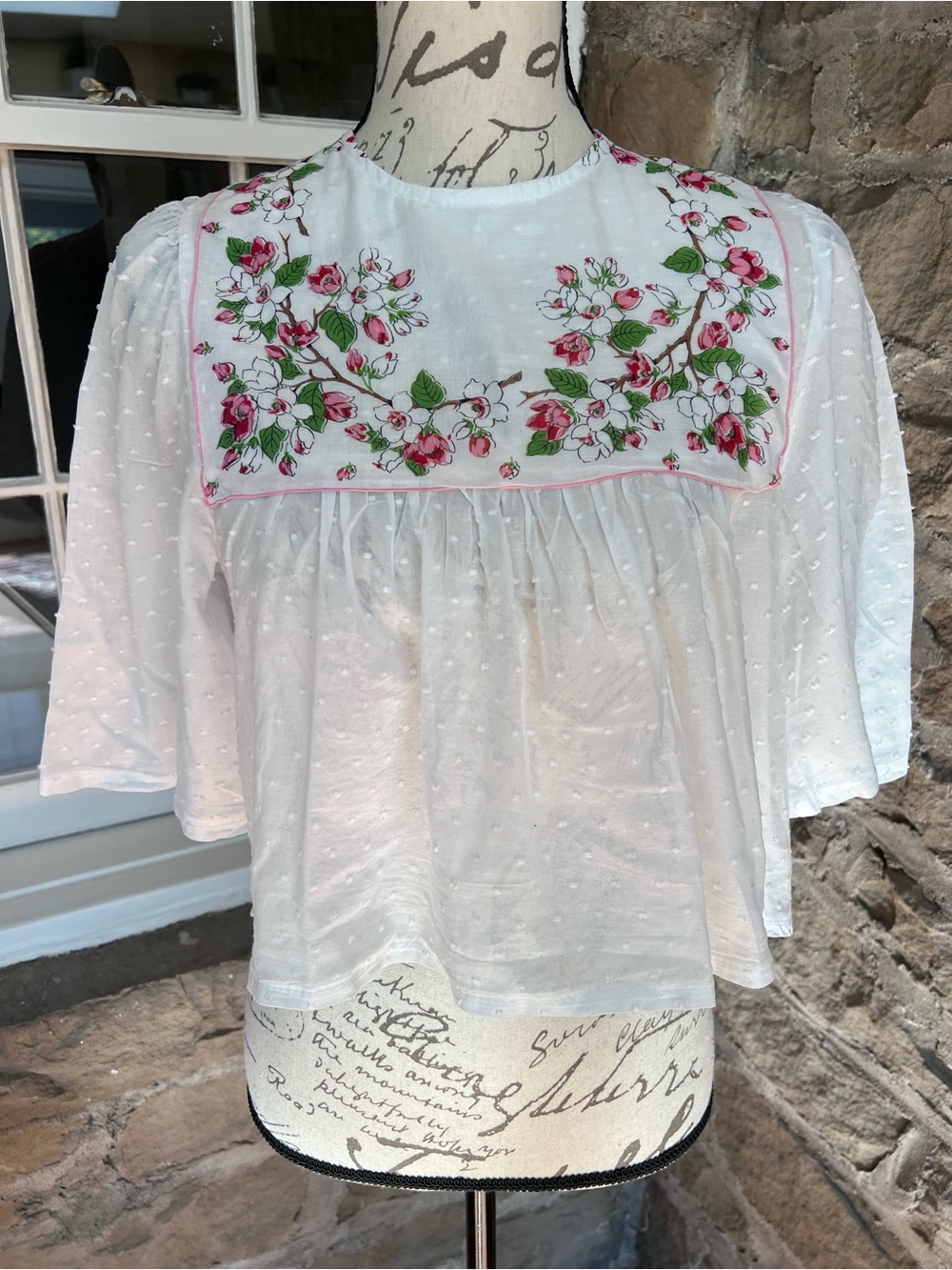Size S White dotted Swiss  Boho  Blouse with Pink Floral Embroidered Yoke